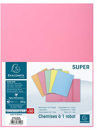 Exacompta - Réf. 339003E - Paquet de 50 chemises rigides avec 1 rabat SUPER 210 g/m² - couleurs pastel - chemises certifiées PEFC™- dimensions 24 x 32 cm pour documents format A4 - couleur rose