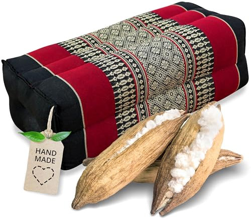 livasia Block Yogakissen eckig - 17x34x12cm - Meditationskissen mit Kapok, Stützkissen Bolster rechteckig, Yoga Pilates Zubehör Nackenkissen, Thaikissen fest handgefertigt (Schwarz/Rot)
