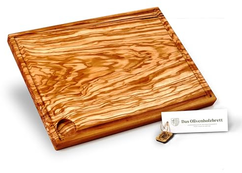 DAS OLIVENHOLZBRETT® Schneidebrett mit Saftrille aus Olivenholz/Tranchierbrett rechteckig/großes Barbecuebrett ca. 50cm x 35cm x 2cm