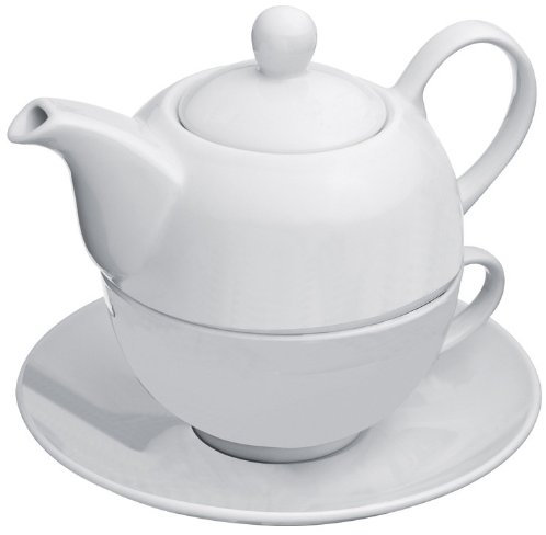 noTrash2003 Service à thé simple en blanc avec une tasse à thé (environ 200 ml) ainsi qu'une théière (environ 400 ml) et une soucoupe en porcelaine pour déguster le thé, pause thé, idée cadeau