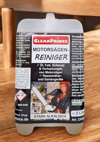 CleanPrince Motorsägenreiniger 2 Liter | Motorsägen Sägeblatt Kettensägen Reiniger Motorsägenblank Harz Öl Fett Entferner Harzlöser Reinigungsmittel Garten Geräte Rasenmäher