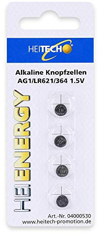 HEITECH Lot de 4 Piles Boutons alcalines AG1 1,5V - LR60 - L621 - LR621 - SR60 - SR621 - SR621SW - 164-364 - Piles Boutons Longue durée, résistantes aux Chocs et aux décharges