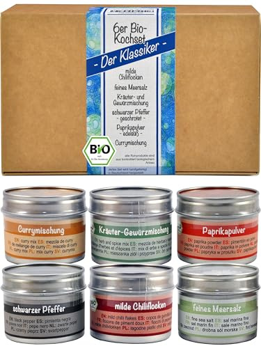direct&friendly | 6er Bio-Gewürze Geschenkset | Chili, Curry, Pfeffer, Meersalz, Paprika, Kräuter-Gewürzmischung | 360 g