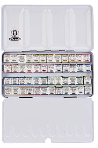 Schmincke – HORADAM AQUARELL Farbkasten mit 48feinsten Aquarellfarben, 74448097, schwarzer Metallkasten, Malset, Premium Aquarellfarben, 48 x 1/2 Näpfchen