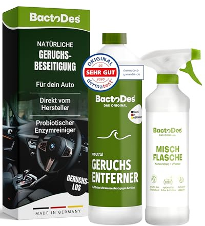 BactoDes Neutral Geruchsneutralisierer 1L I Geruchloser Enzymreiniger mit biologischer Mikrobenkraft & Tiefenwirkung inkl. Spray-Mischflasche I Effektiver Geruchsentferner für Haus, Auto & Textilien