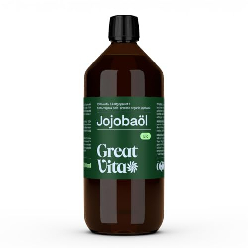 GreatVita VitaFeel Bio Jojobaöl Gold 1000 ml | 100% rein & kaltgepresst - Feuchtigkeitspflege für Haut & Haare | Trägeröl für Massage & Aromatherapie - trockener Haut & Kopfhaut
