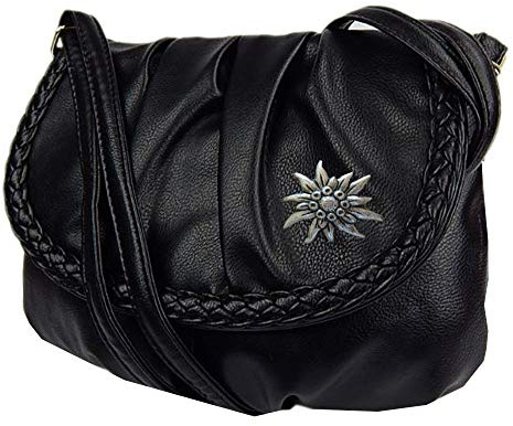 Trachtentasche Handtasche Schultertasche Tasche Kunstleder mit Edelweiss -3257 (Schwarz)