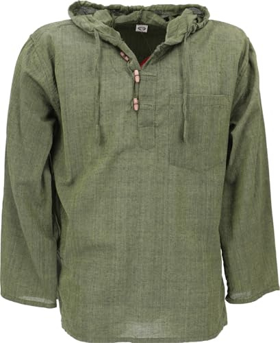 Guru-Shop, Camisa de Nepal Goa Hippie con Capucha, de Oliva, Algodón, Tamaño:S, Camisas de Hombre