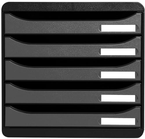 Exacompta - Ref 309738D - BIG-BOX PLUS skrivbordslåda set - 5 x 43 mm lådor, lämpliga för A4+-dokument, 347 x 278 x 271 mm, 100% återvunnen plast - svart/metalliskt silver