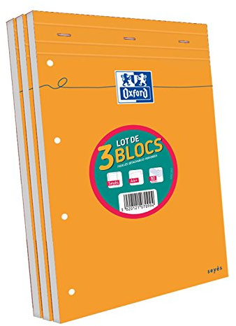 OXFORD 3 Stück Notizblöcke, gelocht, orange, A4 + große Karos, Seyès-Karos, 80 Blatt, geheftet, Deckblatt beschichtet, Orange