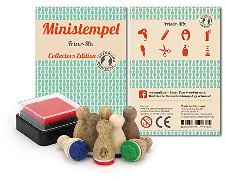 Stemplino Stempelset Frisör - 8 Ministempel aus Holz Plus Stempelkissen, Mini Stempel Set Mix