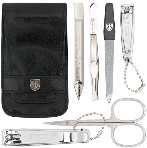 DREI SCHWERTER - Germany 6-tlg. Maniküreset 'Massa' | Maniküre Nagelset im Kunstlederetui schwarz | Inhalt: Hautschere, Nagelknipser, Fußnagelknipser, Saphirnagelfeile, Pinzette, Nagelreiniger