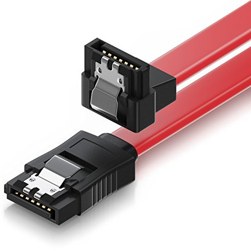 deleyCON 50cm SATA III Kabel S-ATA 3 Datenkabel Verbindungskabel Anschlusskabel für HDD SSD mit Metall-Clip - 6 GBit/s - 1x Gerade 1x 90° L-Type Stecker - Rot
