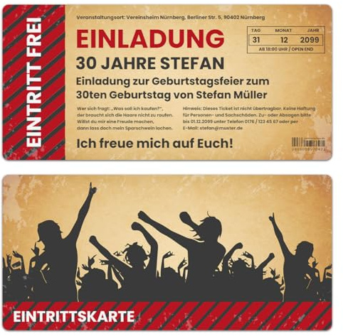 Kartenmachen.de Personalisierte Ticket Einladungskarten zum Geburtstag 10 bis 100 Stück als Eintrittskarte mit echtem Abriss, Vintage Party, Umschläge optional, 300g/qm Kartonpapier, für jedes Alter