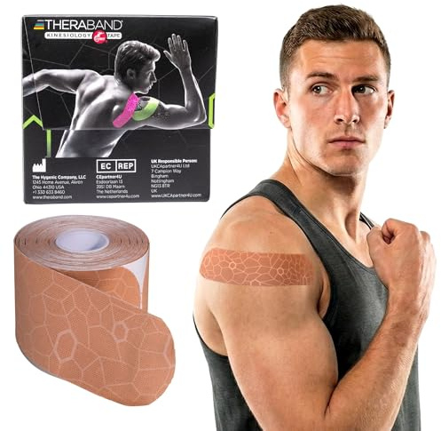 THERABAND Kinesiology Tape, Waterproof Physio Tape for Muscle & Joint Support, Standard Roll with XactStretch Application Indicators, 2 X 10 Strips, 20 Precut Strips, Beige/Beige