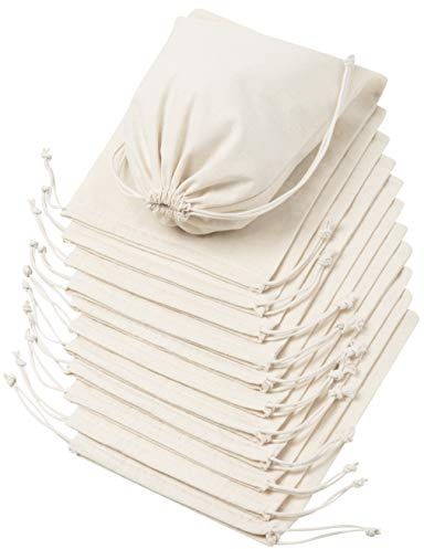 DR 100% Cotton Muslin Drawstring Bags (7x9 Inch - 12-Pack) Unbleached Natural Fabric Favor Pouches with Double String Closure for Gifts Party Wedding Pantry Storage Herbs