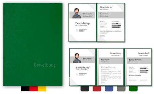 5 Stück 4-teilige Bewerbungsmappen BL-exclusivdruck® MEGA-plus in Blattgrün - Premium-Qualität mit edler Relief-Prägung 'Bewerbung' - Produkt-Design von 'Mario Lemani'