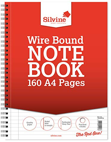 Silvine Notizbuch mit Spiralbindung, A4+, liniert, 8 mm, fein, mit Rand, 4 Löchern, 6 Stück