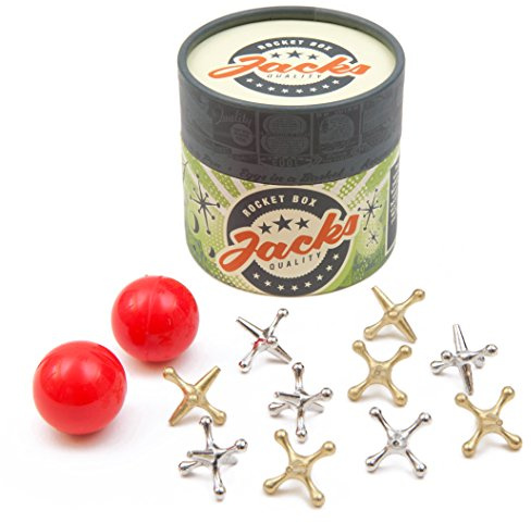 Rocket Box Jacks Game: Retro Toys, Vintage, Classic Games of Jacks, Gold and Silver Toned Jax, Two Red Bouncy Balls, Fun Toys for Kids and Adults of All Ages. Family Board Games Night. Travel Size.