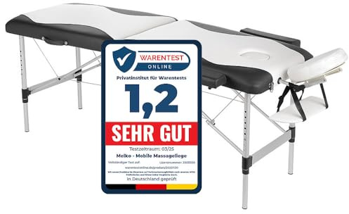 Melko Massageliege Massagetisch klappbar bis 250 kg höhenverstellbar | mobile Therapieliege mit Aluminiumrahmen, nur 14 kg, 5 cm Polsterung, verstellbare Kopfstütze und Armlehnen, Weiß/Schwarz