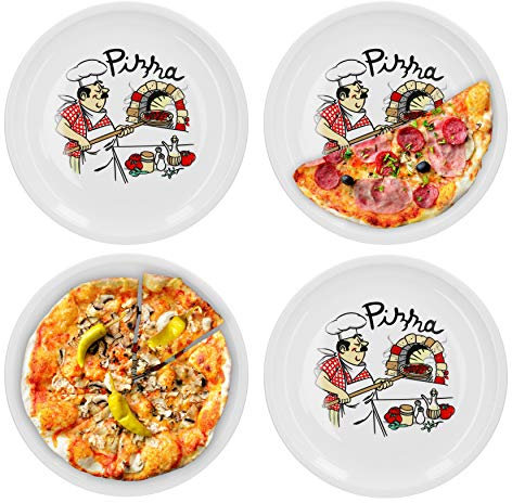 Van Well Juego de 4 platos de pizza italianos grandes de 30,5 cm de diámetro, platos de porcelana XL para pizza y pasta, aptos para microondas, aptos para lavavajillas, apilables, para gastronomía y