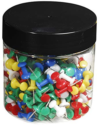 Exacompta - Réf. 14769E - Boîte de 200 épingles d'affichage Push Pins - Hauteur de la pointe 10 mm - Diamètre 10 mm - Pour fixer cartes, photos, documents, cadres, guirlandes - 5 couleurs assorties, Taille unique