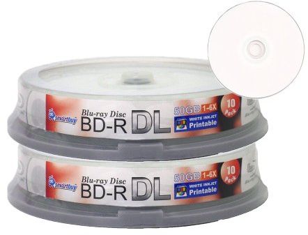 Smartbuy 20-disc 50gb 6X Blu-ray Bd-r Dl Dual Layer Double Layer White Inkjet Hub Printable Blank Data Video Recordable Media Disc with Cakebox/Spindle Packing