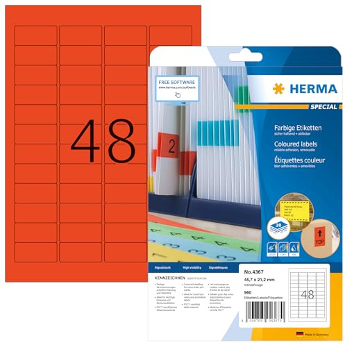 HERMA 4367 Farbige Etiketten rot ablösbar, 20 Blatt, 45,7 x 21,2 mm, 48 pro A4 Bogen, 960 Stück, selbstklebend, bedruckbar, matt, blanko Papier Farbetiketten Aufkleber