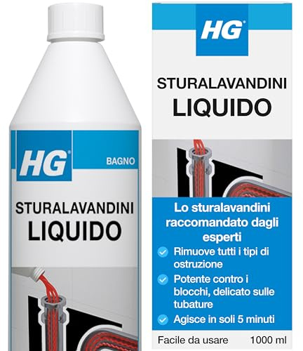 HG Disgorgante Lavandini, Rimuove Efficacemente le Ostruzioni dai Tubi di Scarico, Lavelli e Sifoni della Doccia, 1 L (139100108)