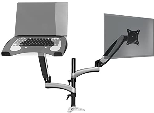 Duronic Desk Mount DM65L1X1 | Dual Gas-Powered Monitor Stand for 15-27 Inch Screen | Laptop | Twin Arms | Adjustable Support | VESA 75/100 Bracket | Tilt 15-27-90°/+85° Swivel 180°Rotate 360°