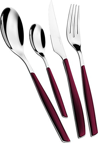 BUGATTI, Glamour, Set Posate 24 Pezzi in Acciaio Inox 18/10 e Manico Colore Rosso Granata. Set Posate 6 Persone Composto da 6 cucchiai, 6 forchette, 6 coltelli e 6 cucchiaini caffè