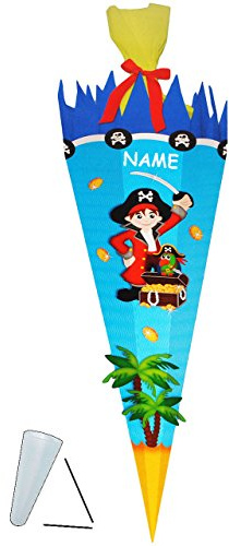 alles-meine.de GmbH BASTELSET Schultüte - Pirat & Schatztruhe - 85 cm - incl. Name - mit/ohne Kunststoff Spitze - Zuckertüte - Set zum selber Basteln - 6 eckig/blau - Jun..