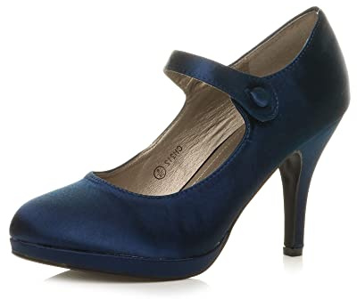 AJVANI Womens Ladies mid high Heel Mary Jane Evening Work Platform Bridal Party Prom Court Shoes Size.