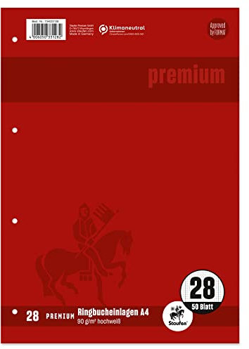 Staufen Premium Ringbucheinlagen - DIN A4, Lineatur 28 (5mm kariert mit Randlinie), 50 Blatt, 4-fach Lochung, 90g/m² Premium Papier, 1 Stück