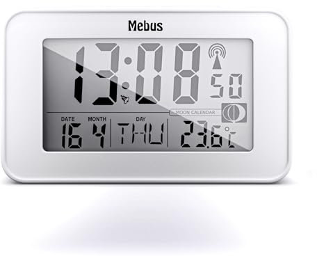 Mebus digitaler Funk-Wecker mit Mondkalender, Beleuchtung, Innenthermometer, 2 Weckzeiten, Schlummer-Funktion / Material: Kunststoff / Farbe: Weiß / Modell: 51461
