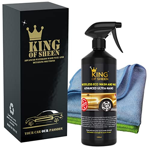 King of Sheen Advanced Ultra Nano Waterless Car Wash Kit, Wet Wax Car Cleaning Products with added Carnauba Wax, (1Lt) + 2 Microfibre Cloths,No Scratch or Swirl Formula, Protects against Salt Damage