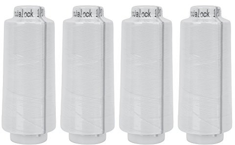 Aeuln Overlockgarn, 4 x 2500 m, Weiß, Polyester, 150 Mikrometer, 90/14, für alle gängigen Overlock-Maschinen