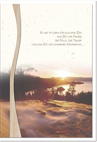 metALUm XXL Trauerkarte A4 Doppelkarte Klappkarte ohne Innentext mit weißem Umschlag – Motiv Sonnenuntergang am Wasser – „Es gibt im Leben für alles eine Zeit“