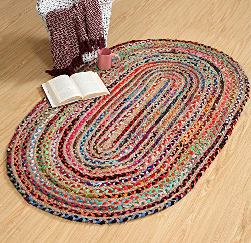 Second Nature Online Alfombra Trenzada Ovalada ecológica Mishran Estilo Tejido Plano con Yute Natural y Material Reciclado Multicolor (60 cm x 90 cm)