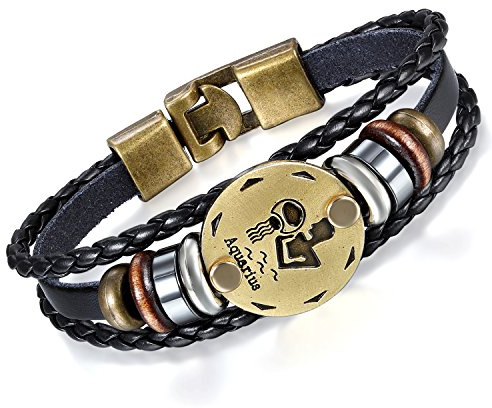 Flongo Lederarmband Horoskop Armband Damen Armkette Herren Armreif, Leder-Armband Armreif Manschette Manschettenknopf Schwarz Gold Golden Horoskop Tierkreis Sternzeichen Sternbild Skorpion
