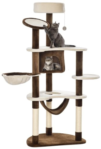 PawHut Kratzbaum mit Katzenhöhle Hängematte XXL Katzenbaum Kletterbaum Kletterbaum für Katzen Mehrstufiges Multiaktivitätszentrum Plüsch Braun 65 x 50 x 153 cm