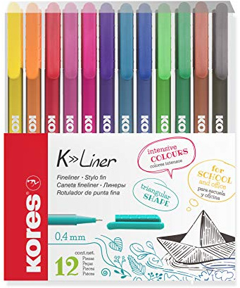Kores - K-Liner Coloured Fineliners - 0.4mm - Colouring Pens, Fineliner Marker Pens, Art Pens, Revision Supplies, University Essentials, School Supplies - Pack of 12 in Assorted Colours