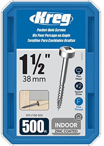 Kreg Zinc Pocket-Hole Screws - SPS-F150-500 - 1-1/2-Inch - Fine Thread - Pan Head - Indoor - 500 Count