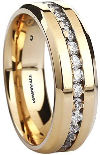 BESTTOHAVE Mens Titanium Ring -8mm Wide Simulated Diamonds Classic Unisex Gold Tone Wedding Engagement Band Ring -Size P
