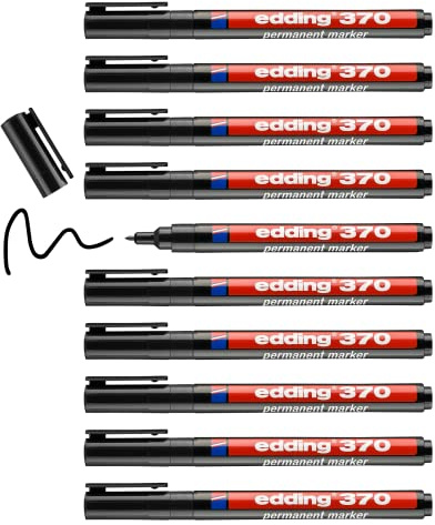 edding 370 Permanentmarker - schwarz - 10 Stifte - feine Rundspitze 1 mm - wasserfest, schnell-trocknend - Multimarker, Universalstift - für Karton, Kunststoff, Holz, Metall, Glas, Stein, Leinwand
