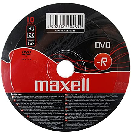 Maxell DVD-R 4.7GB 16x Spindle 10pk 4,7 GB 10 Pieza(s) - DVD+RW vírgenes (4,7 GB, DVD-R, 10 Pieza(s), 0,74 µm, Policarbonato, 16x)