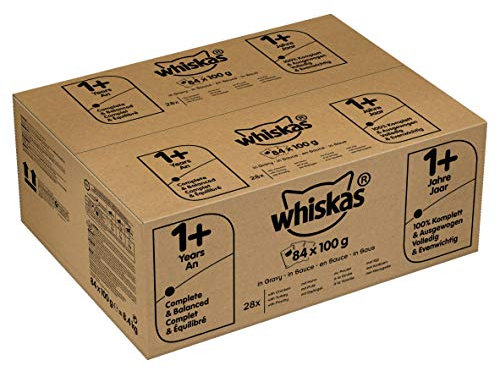 whiskas 1+ Wet Cat Food for Adult Cats, Mixed Selection in Gravy, 84 Pouches (84 x 100 g)