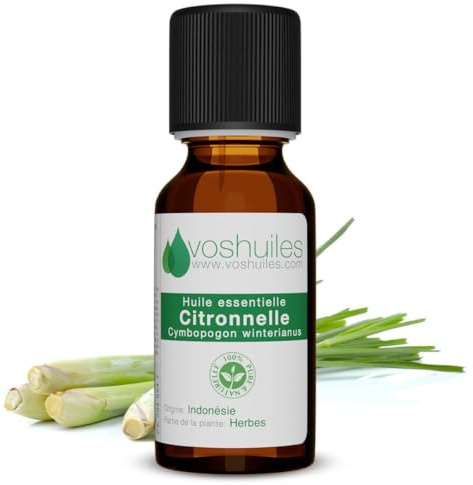 Voshuiles - Huile Essentielle Citronnelle - 250ml - 100% Pure et Naturelle - HEBBD - Utilisation en Massage dans Huile Végétale - Parfum Très Aromatique - Traçabilité et Qualité - Entreprise Française