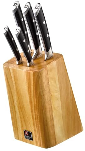 Richardson Sheffield R: VISION Messerblock Eschen-Holz, inklusive 5-teiliges Messer-Set, Allzweckmesser, Gemüsemesser, Kochmesser, Schinkenmesser & Brotmesser, extreme Härte, ergonomischer Griff | Brotmesser, Schinkenmesser, Kochmesser, schwarze Kunststoffgriffe, spülmaschinenfest, extreme Härte, 58 HRC, langlebig