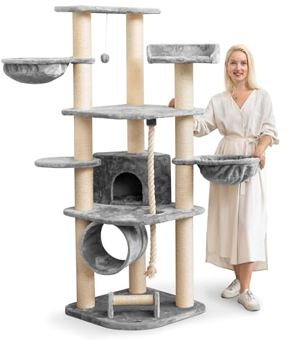 HAPPYPET Kratzbaum für Katzen groß 181 cm hoch - Stabiler Kletterbaum Katzenbaum, Dicke Stämme mit 11 cm, Haus & Spieltunnel, große Liegemulden, Spietau mit Kratzrolle, Grau